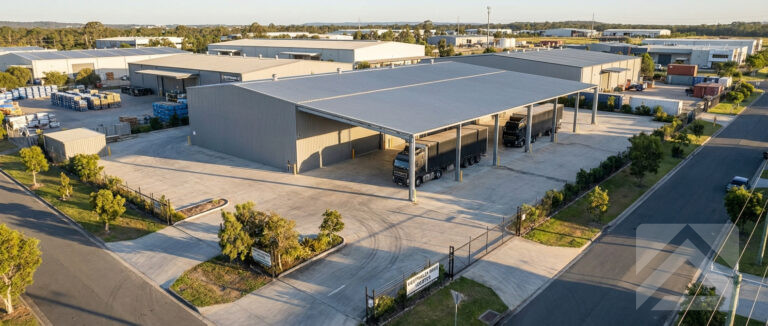 Large industrial steel building with wide awnings and truck access bays in a commercial estate in Australia.