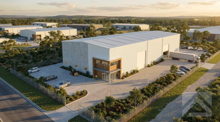 Large industrial steel warehouse facility with clear-span design, truck access, office frontage, and landscaped surrounds in a modern industrial estate.