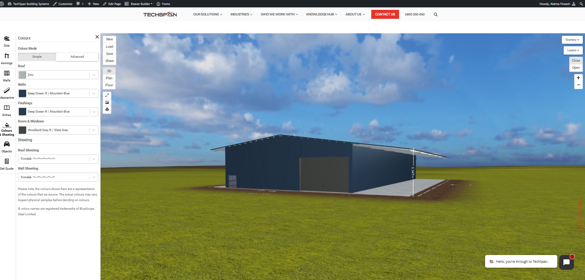 3D rendering from the TechSpan Shed Designer showing a large steel industrial shed with Deep Ocean wall cladding, Zinc roof sheeting, concrete apron, and customisable Colorbond® colour selections.