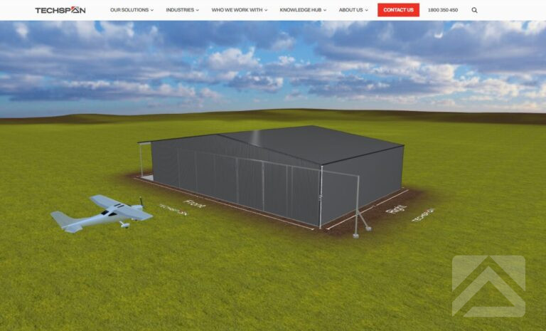 3D concept design of a large aviation hangar created using the TechSpan 3D Shed Designer, featuring a clear-span steel structure with sliding aircraft doors and a light aircraft positioned outside.