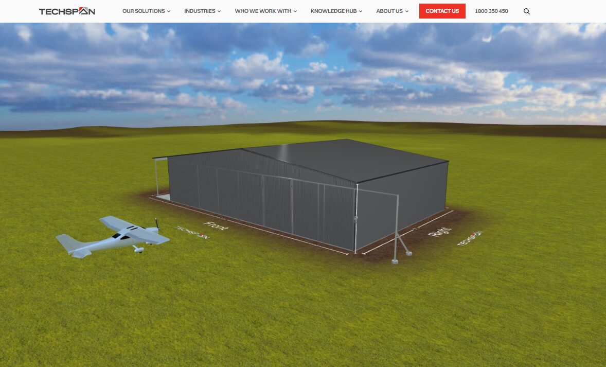 3D concept design of a large aviation hangar created using the TechSpan 3D Shed Designer, featuring a clear-span steel structure with sliding aircraft doors and a light aircraft positioned outside.