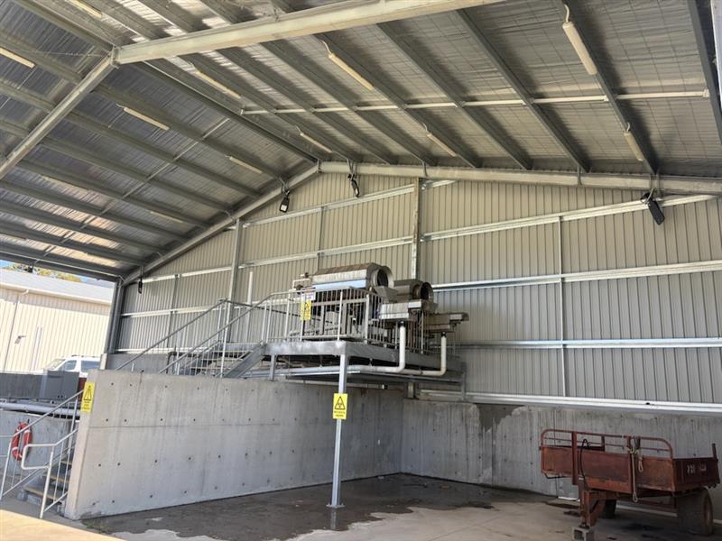 Internal view of an upgraded effluent shed featuring structural steel framing, Colourbond® wall cladding and processing equipment integrated with existing concrete infrastructure.