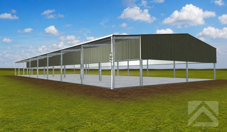 3D concept of a large open-sided agricultural shed created using TechSpan's free 3D Shed Builder.