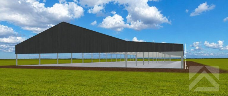 3D concept render of a large clear span industrial steel shed created using the TechSpan 3D Shed Builder, showing an open-sided building with a high roof in a rural setting.