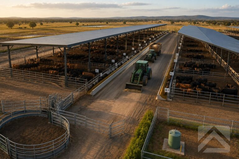 Aerial view of a covered cattle feedlot showing pen layouts, feed bunks, cattle handling areas and machinery access.
