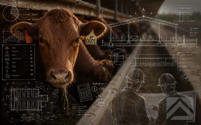 Brown beef cow with transparent engineering sketches, structural drawings and cost planning concepts overlaid to illustrate covered feedlot investment considerations.