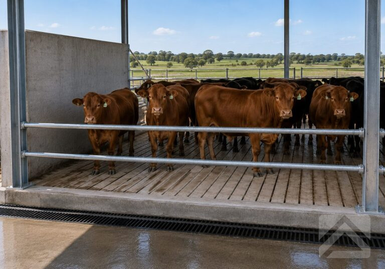 Healthy beef cattle standing on a slatted concrete floor within a modern Australian feedlot designed for effective drainage and effluent management.