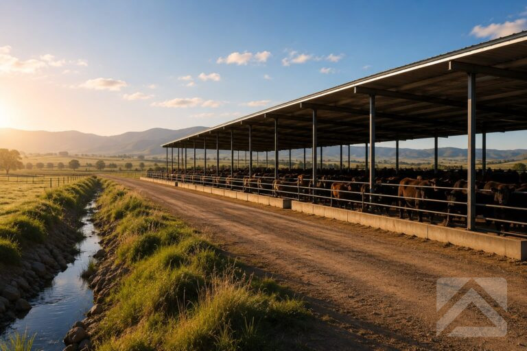 Covered cattle feedlot showing drainage, access road and surrounding landscape on a well-planned rural site.