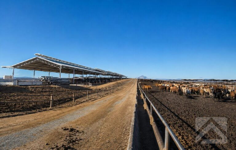 Covered feedlot under construction in New South Wales by TechSpan, showing building orientation designed to improve livestock comfort, natural ventilation and operational efficiency.