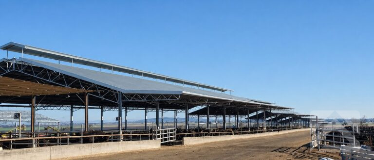 TechSpan covered feedlot in New South Wales featuring clear-span structural steel construction, open-web steel trusses and continuous ridge ventilation providing shelter for livestock.