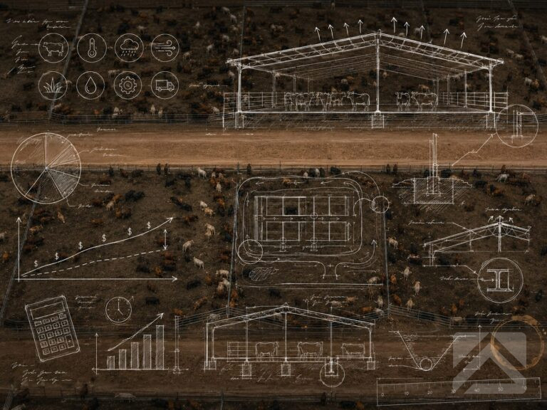Aerial view of a modern Australian feedlot overlaid with transparent engineering sketches, structural concepts and performance diagrams representing covered feedlot return on investment.