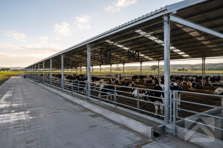 Modern open-sided dairy loafing barn with resting dairy cows, natural ventilation and spacious internal layout.