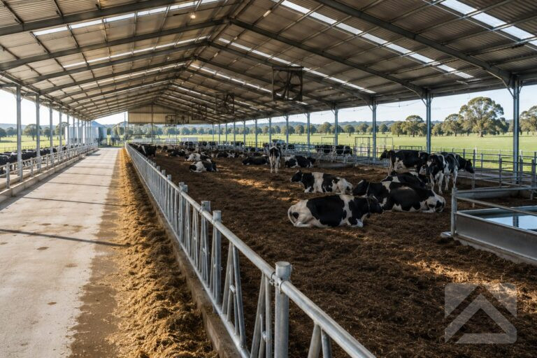 Interior of a modern dairy loafing barn showing feed lanes, resting areas, water troughs and an efficient operational layout.