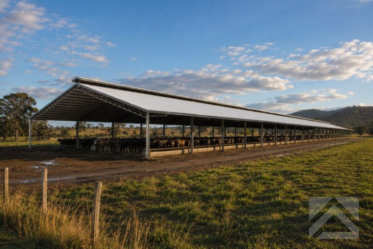Large structural steel feedlot cover in Southern Queensland providing shade for cattle with open-sided design for natural ventilation and livestock welfare.