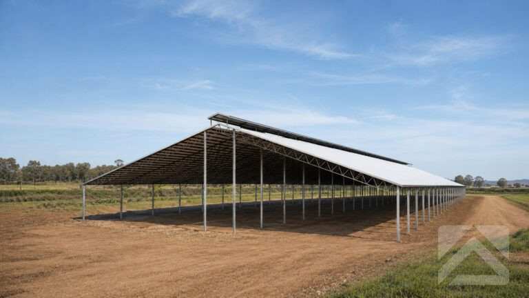 Photo-realistic feedlot cover in Southern Queensland featuring a large open-sided steel structure designed to improve cattle welfare and operational efficiency.
