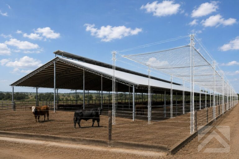Photorealistic feedlot shed beside a shade cloth structure illustrated with a transparent engineering sketch overlay showing a conceptual structural design.