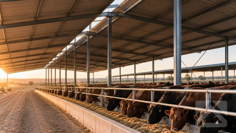 Covered cattle feedlot with open-sided design and ridge ventilation supporting natural airflow and livestock comfort.