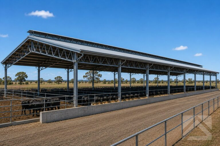 Covered feedlot in Northern NSW featuring a large open-sided structural steel building with open web trusses, continuous ridge ventilation and wide clear spans designed for natural airflow and livestock comfort.