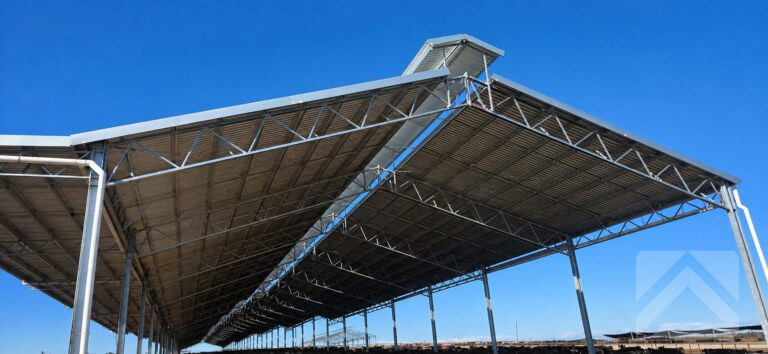 Low-angle view of a TechSpan covered feedlot roof in New South Wales, featuring engineered open-web steel trusses, galvanised structural steel and continuous ridge ventilation.