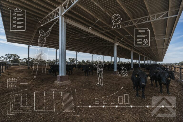 Modern covered feedlot with transparent engineering sketches of maintenance inspections, certification documents and workers performing routine structural inspections.
