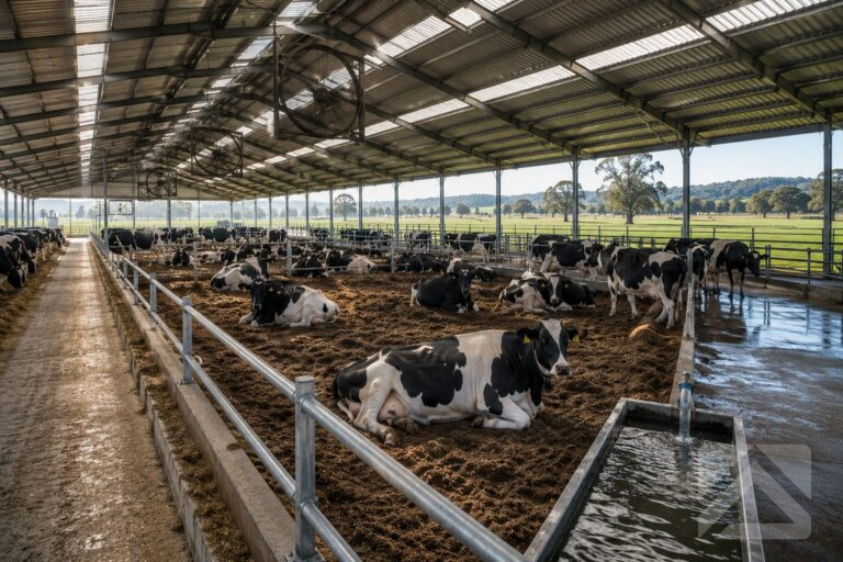 Dairy cows resting comfortably inside a modern loafing barn with deep bedding, natural ventilation and accessible water.