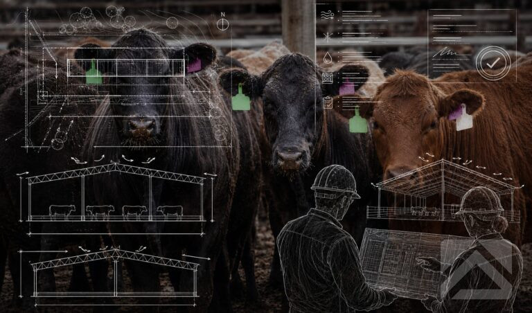 Beef cattle overlaid with transparent engineering sketches, planning documents and concept drawings representing feedlot planning and council approvals.