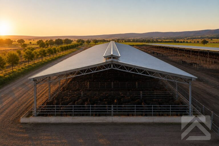 Aerial view of a covered feedlot in Southern Queensland featuring a structural steel shelter with open-web trusses and a raised ridge ventilation system providing shade for beef cattle.