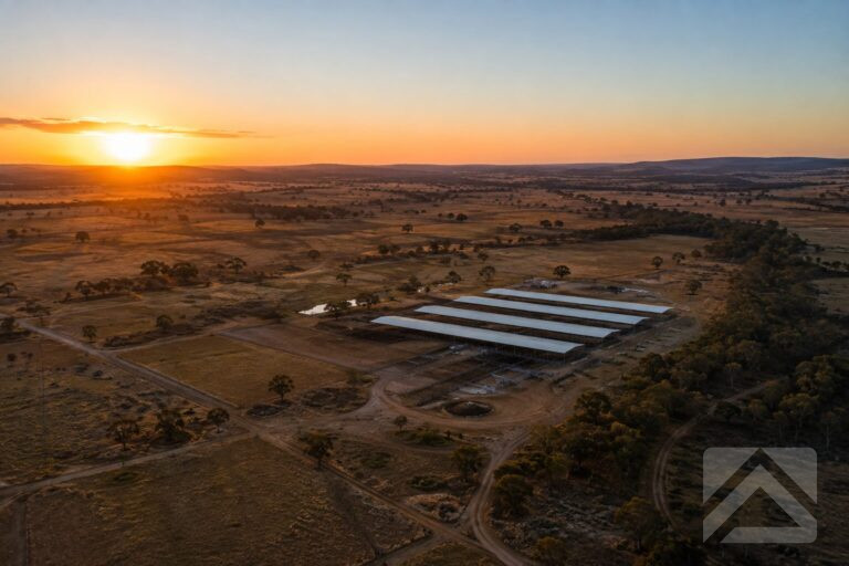 Covered feedlot in a dry Australian agricultural landscape