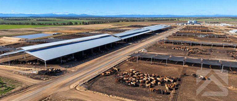 Aerial view of an Australian cattle feedlot with covered housing, shade structures and feedlot infrastructure.