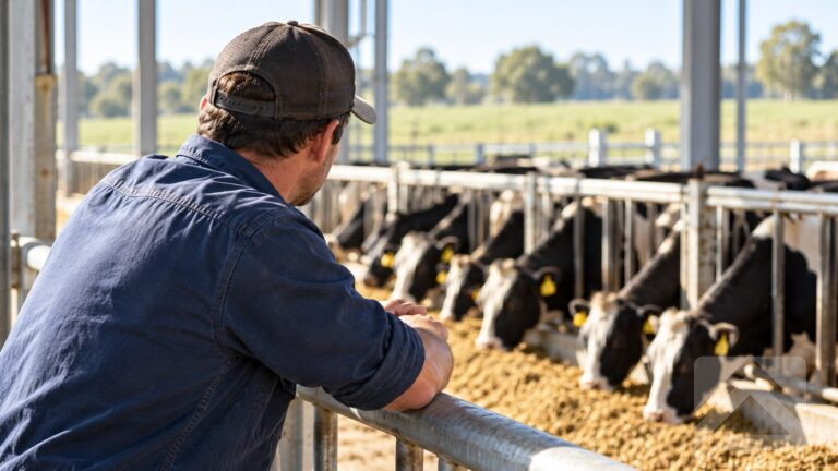 Dairy farmer assessing his facilities while watching cattle feed in a dairy barn.